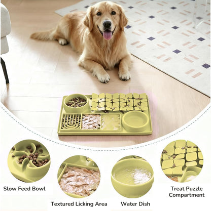 Multifunctional Slow Feeder Dog Bowl with Licking Mat & Water Bowl | Non-Slip Suction Cup | Silicone Pet Feeder | Dishwasher Safe