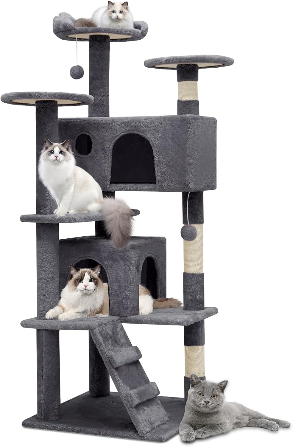 Athena Collection Modern Cat Tree Tower, 54 Inch Tall Cat Tree Climbing Tower with Scratching Post 2 Condo Multi-Level Activity Center and Playing Ball for Indoor Large Adult, Grey