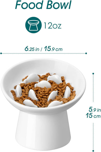 vancasso Ceramic Slow Feeder Cat Bowl, 6.25 Inch Elevated Cat Slow Feeder Bowl, Anti Vomiting for Dry and Wet Food, White