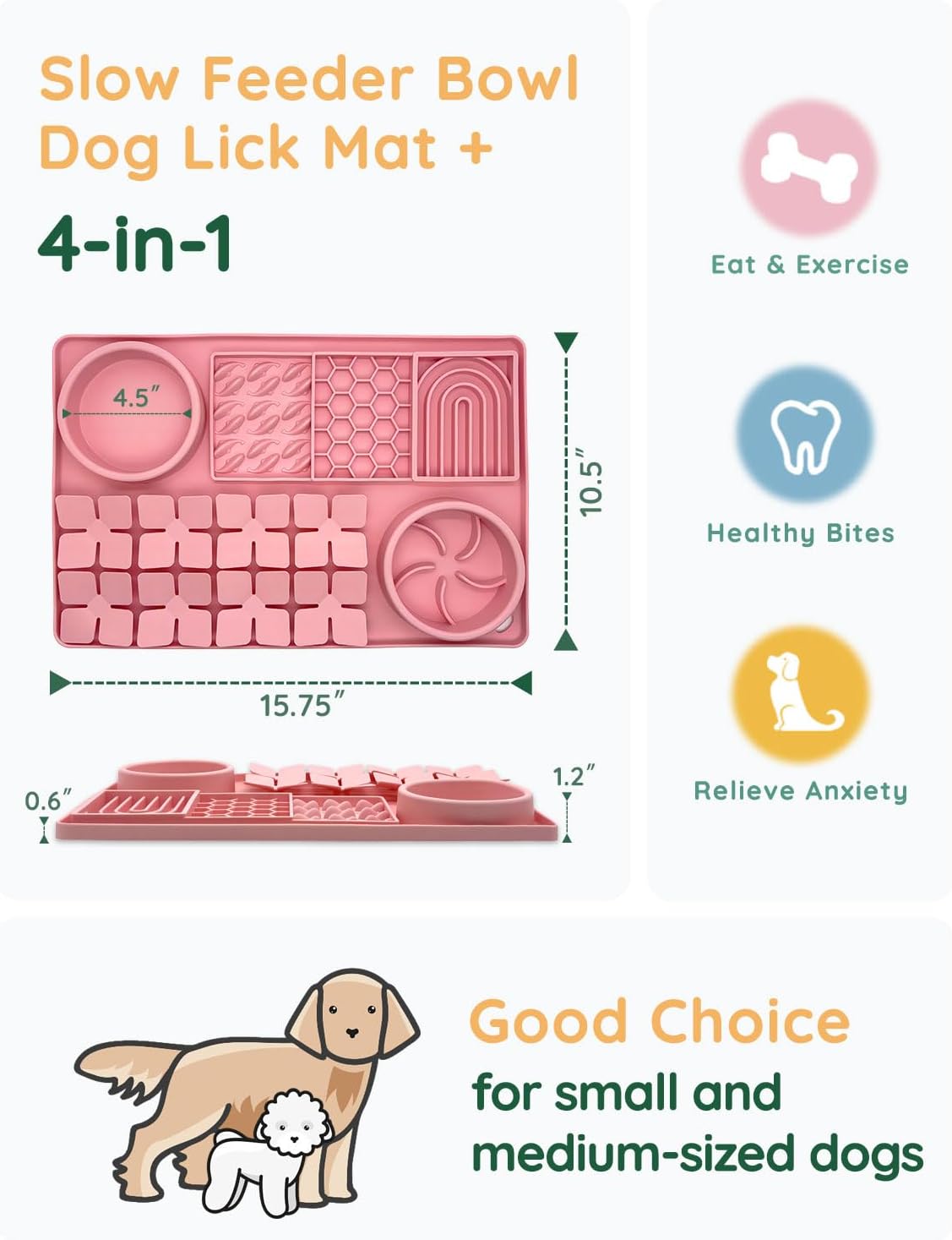 Slow Feeder Bowl Bundle: Pink 4in1 Licking mat (15.75" x 10.5" x 1.2") + Green Starry Sky Feeder (5.3" x 3.7"), Silicone Lick mat with Suction Cups for Slow Eating and Keep Busy