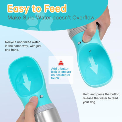 Portable Dog Water Bottle, 14 OZ, Stainless Steel Leak Proof Puppy Water Dispenser with Drinking Feeder for Pets Travel, Walking, Hiking and Outdoor Activities