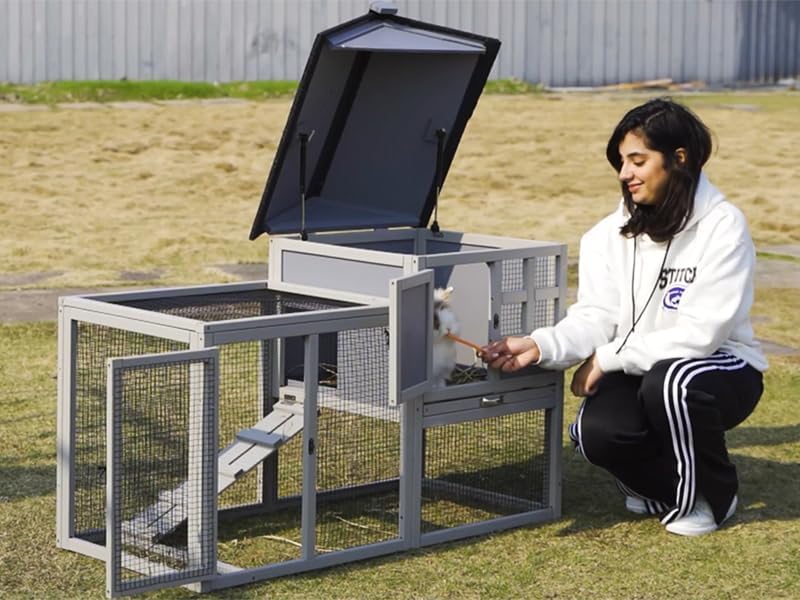 48" L Large Rabbit Hutch Outdoor Indoor, Expandable 2-Story Wooden Bunny Cage with Run, Removale Tray, 3 Entrances, Grey + Colorful Pattern