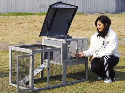 48" L Large Rabbit Hutch Outdoor Indoor, Expandable 2-Story Wooden Bunny Cage with Run, Removale Tray, 3 Entrances, Grey + Colorful Pattern