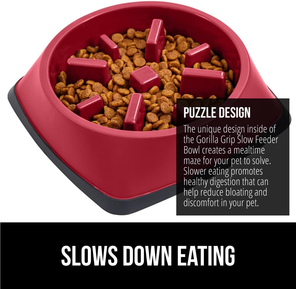 GORILLA GRIP Patent Pending Slow Feeder Dog Bowls, Interactive Puzzle Toy for Dogs and Cats Food Training, Keeps Pets Busy and Prevents Puppy Overeating, All Breeds, 100% BPA Free, 2 Cup, Red