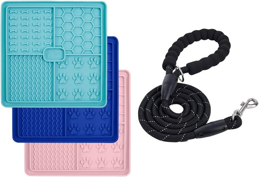 GORILLA GRIP Lick Mat for Dogs, 3Pack, Turquoise/RoyalBlue/Pink and Dog Leash, 4ft-1/2in, Black Bundle