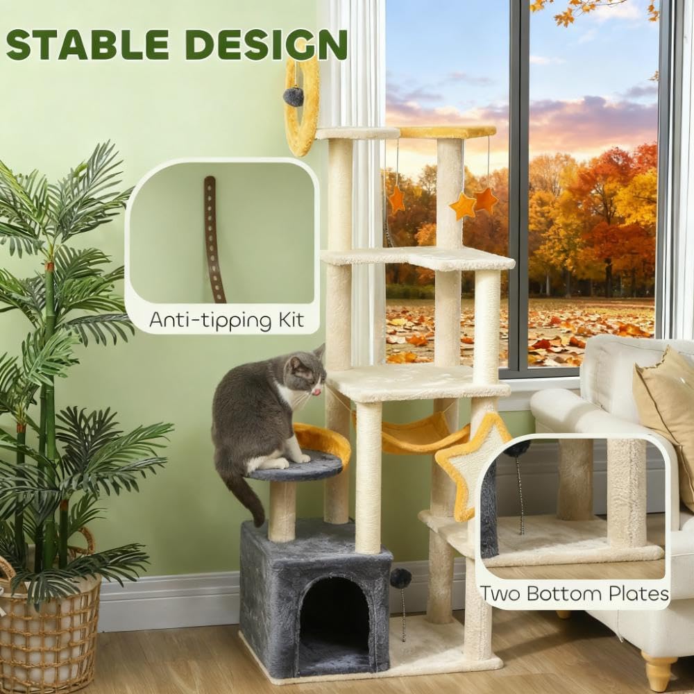 63'' Moon & Star Themed Cat Tree Tower for Indoor Cats - Extra Tall Cat Condo with Plush Bed, 5-Tier Platform, Multiple Cat Scratching Posts & Anti-Tip Design (Supports 1-2 Cats Up to 11 lbs)