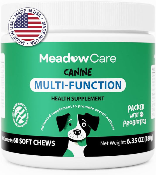 Multi-Function Supplement for Dogs | Supportive Daily Nutritional Soft Chews | Joint Mobility, Skin & Coat | Immune Support with Probiotics | 60 Count, 180 g (6.35 oz) | by Meadowcare