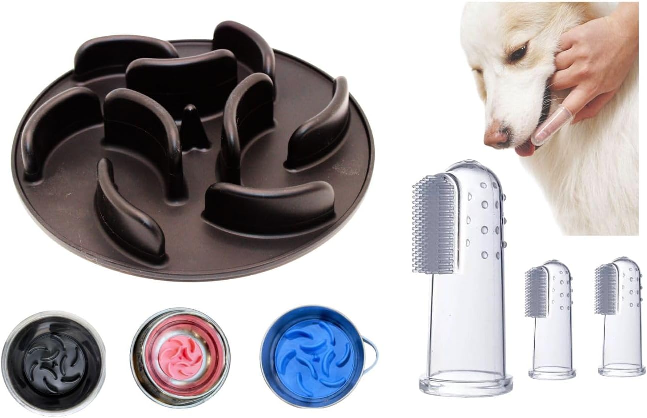 Dog Toothbrush & Slow Feeder Bowl Set – Dog Teeth Cleaning Kit with Finger Toothbrush – Puppy Dental Care + Anti-Choke Slow Feeder for Small & Medium Dogs&Cats - Black (Black)