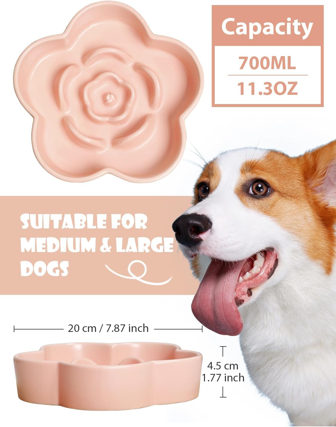 Ceramic Slow Feeder Dog Bowl, Anti-Choking Slow Food Bowls, 8" 11.3oz Slow Feeder for Medium, Large Breeds, Plum Puzzle Design, Non-Slip Silicone, Dishwasher and Microwave Safe, Pink
