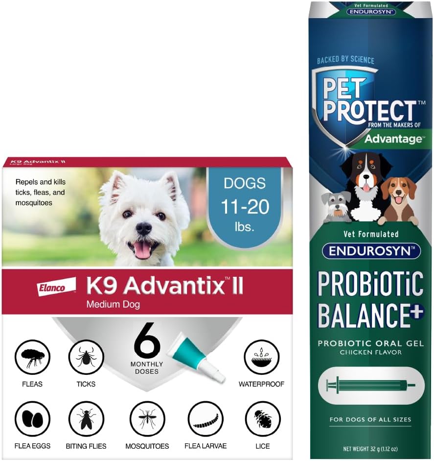Bundle of K9 Advantix II Medium Dog 11-20 lbs. 6-Mo Supply + Pet Protect Probiotic Balance+ Dog Supplement | Oral Gel | 32g