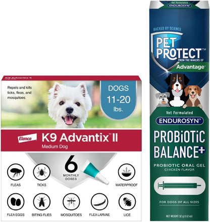 Bundle of K9 Advantix II Medium Dog 11-20 lbs. 6-Mo Supply + Pet Protect Probiotic Balance+ Dog Supplement | Oral Gel | 32g