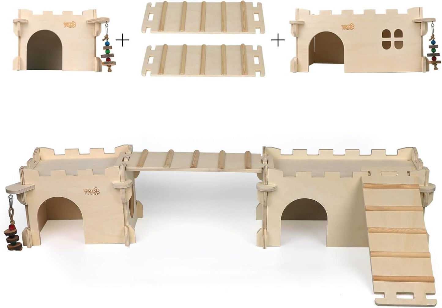 YKD 3-in-1 Guinea Pig and Chinchilla Castle Series: Wooden Large, Medium and Top Bridge Bundle Suit