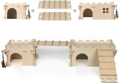 YKD 3-in-1 Guinea Pig and Chinchilla Castle Series: Wooden Large, Medium and Top Bridge Bundle Suit
