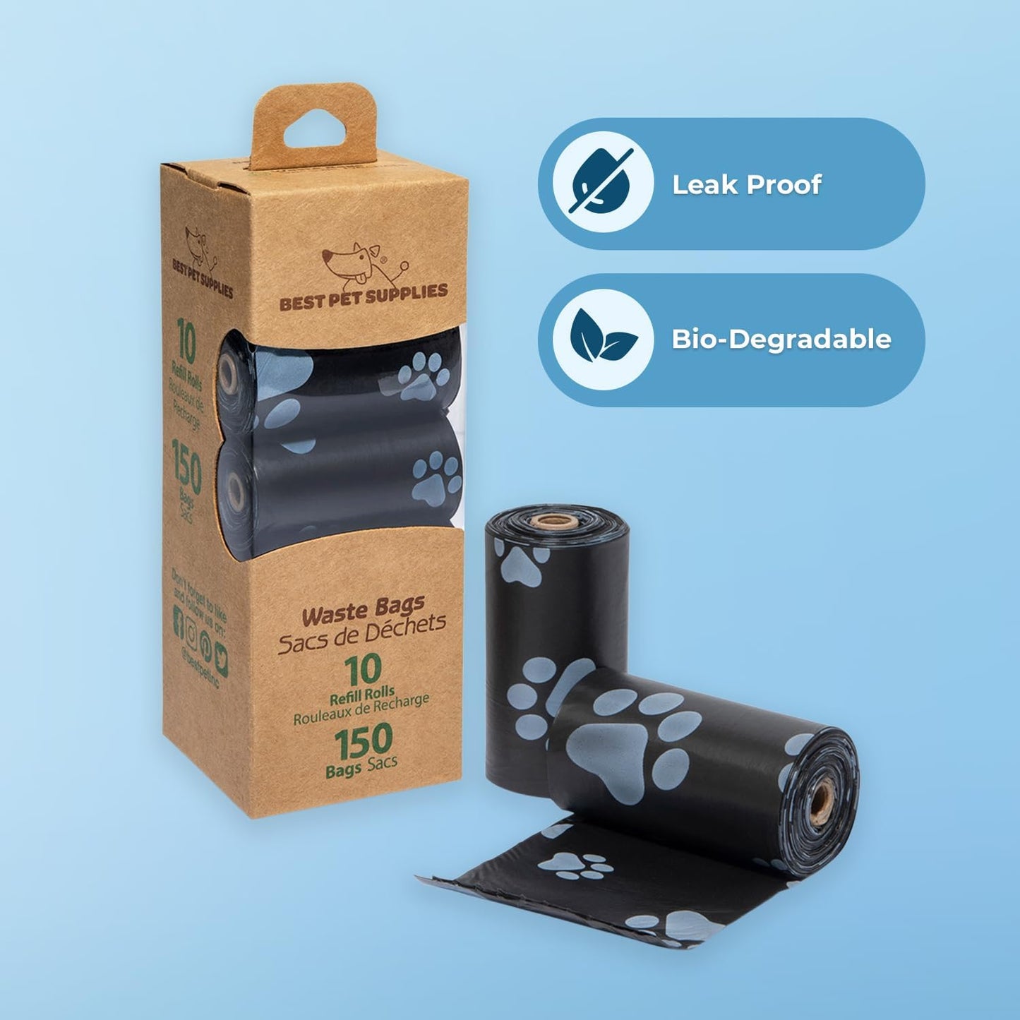 Best Pet Supplies Dog Poop Bags for Waste Refuse Cleanup, Doggy Roll Replacements for Outdoor Puppy Walking and Travel, Leak Proof and Tear Resistant, Thick Plastic - Black, 150 Bags (Pack of 2)