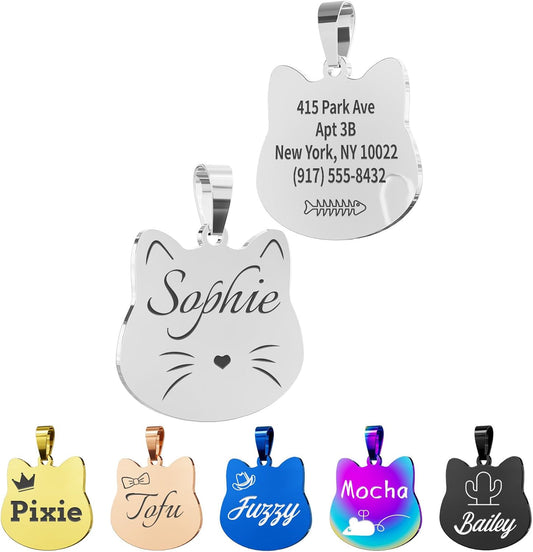 Cat Tags Personalized Small – Engraved Stainless Steel Pet ID Tag, Custom Name Tags Suitable for Small Dogs (Silver, Cat-Regular Size)