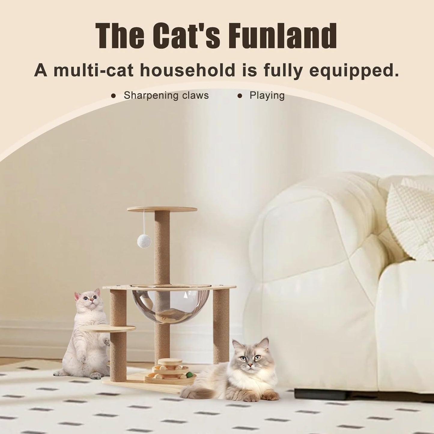 Indoor Cat & Kittens Multi-Level Climbing Activity Tower with Scratching Posts, Selected Wood and Sisal，Cat Tree Large (24.7inH) -cat House Beige