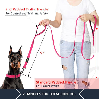 Plutus Pet Double Handle Dog Leash 6ft Long, Padded 2 Handle, Heavy Duty, Reflective Training Leash for Medium Large Dogs, Dual Handle Lead (Pink)