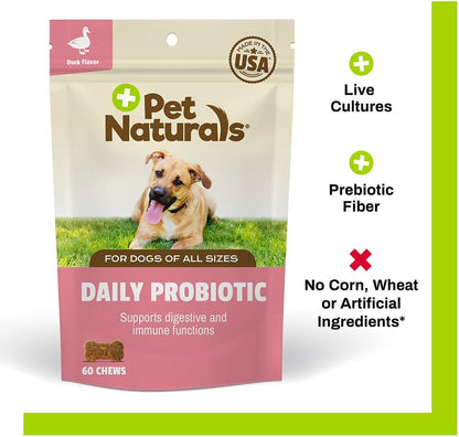 Pet Naturals Daily Probiotic for Dogs, 120M CFUs - Pre and Probiotics for Dogs Digestive Health, Gut Health, Immune Support, Diarrhea, Allergies and Itching - 60 Chews, Duck Flavor