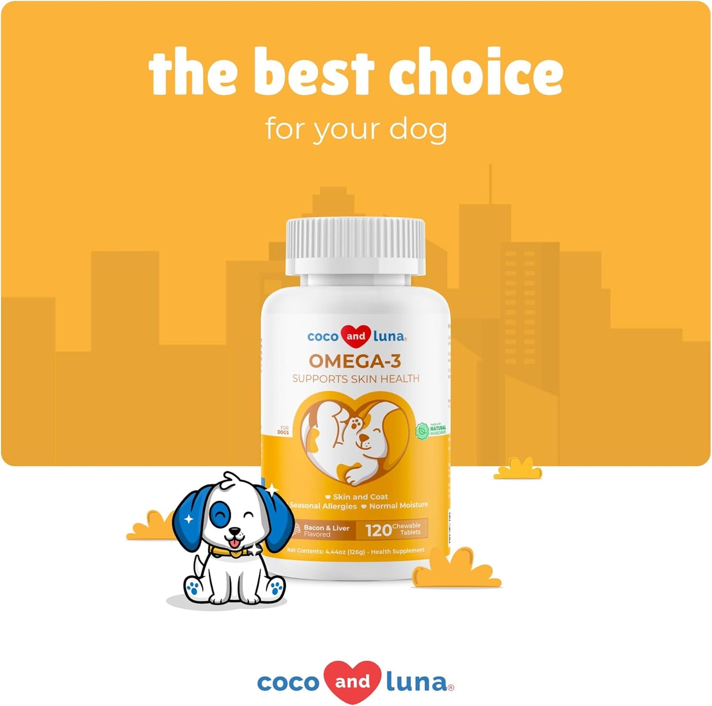 Omega 3 Fish Oil for Dogs - 120 Chewable Tablets - with Omega 3, 6, and 9, Vitamin E for Dog Shedding, Itchy, Dry Skin, Joint & Heart Support