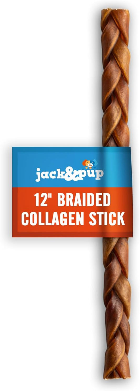 Jack&Pup 12" Braided Beef Collagen Sticks for Dogs - Rawhide Free Dog Chews Long Lasting Collagen Chews for Dogs - Bully Sticks Alternative (1 Pack)
