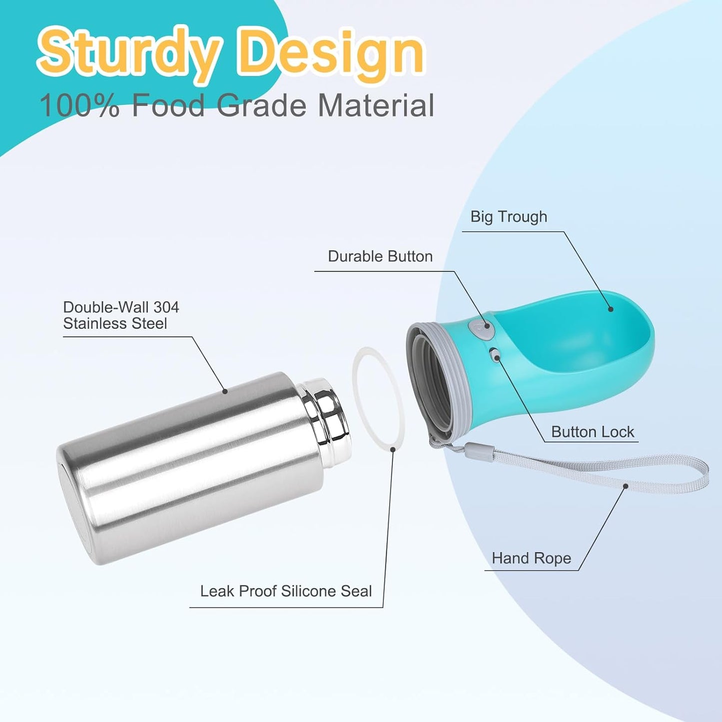 Portable Dog Water Bottle, 14 OZ, Stainless Steel Leak Proof Puppy Water Dispenser with Drinking Feeder for Pets Travel, Walking, Hiking and Outdoor Activities