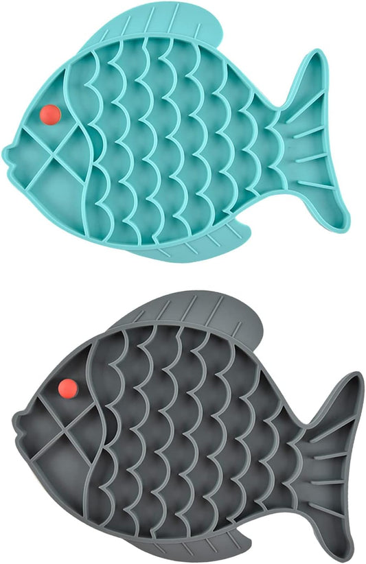 Slow Feeder Cat Bowls, 2 Pack Fish-Shaped Silicone Puzzle Feeders for Healthy Eating & Anxiety Relief - Lick Treat Mat for Dogs & Cats (Blue+Grey)