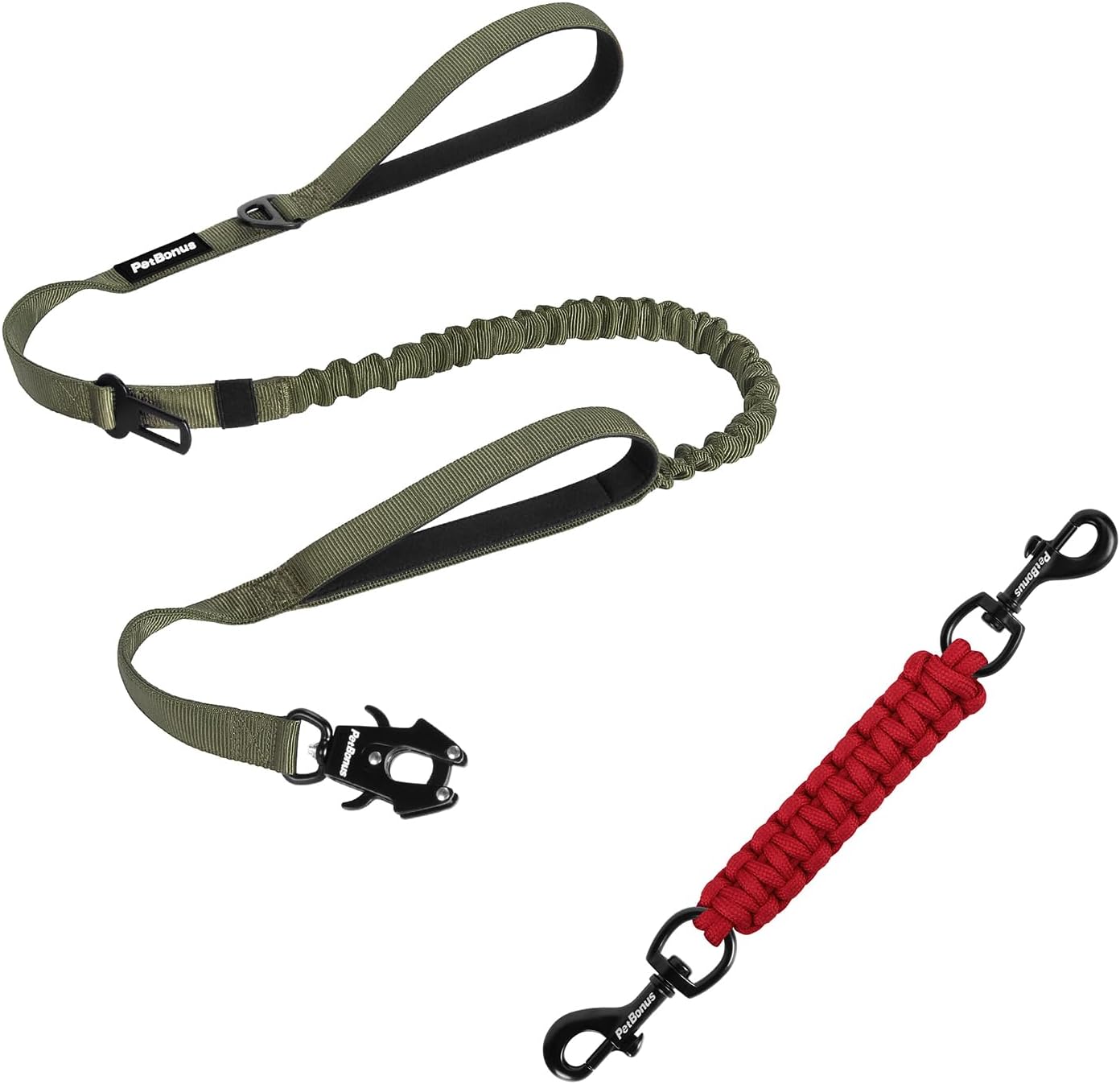 PetBonus Heavy Duty Tactical Dog Leash, 5 FT Bungee Shock Absorption Leash and Dog Collar Safety Clip
