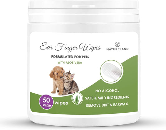 Natureland [Large Size Finger Wipes] Dog & Cat Ear Finger Wipes - Otic Cleaning Wipes for Infections and Controlling Ear Infections and Ear Odor in Pets (50 Large)