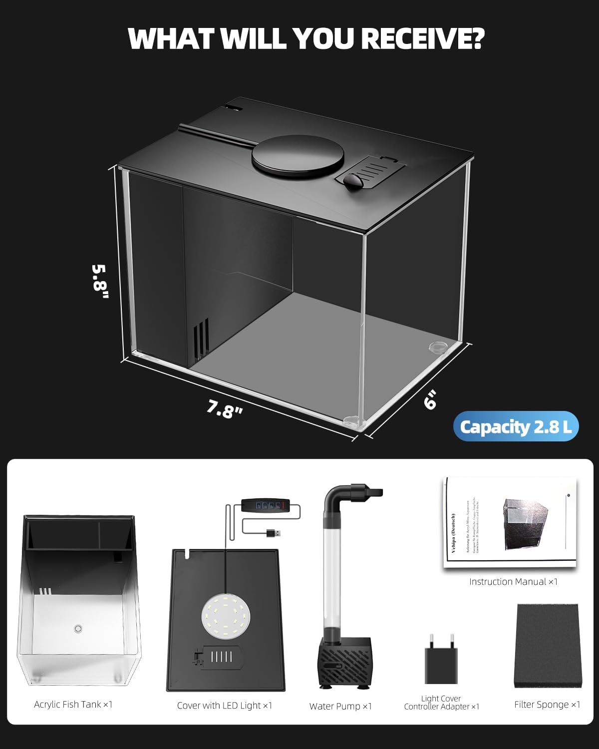 Betta Fish Aquarium 2.9L (0.78 Gal), Acrylic Small Fish Tank Kit with Water Filter Pump & LED Light, Ideal for Small Fish, Shrimp and Plants, Black