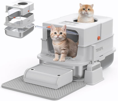 Stainless Steel Cat Litter Box, Enclosed Top Entry with 180° Flip Lid, XL Large Anti-Leak Litter Pan for Big Cats, Odor-Proof & Easy Clean, Includes Scoop (Grey)