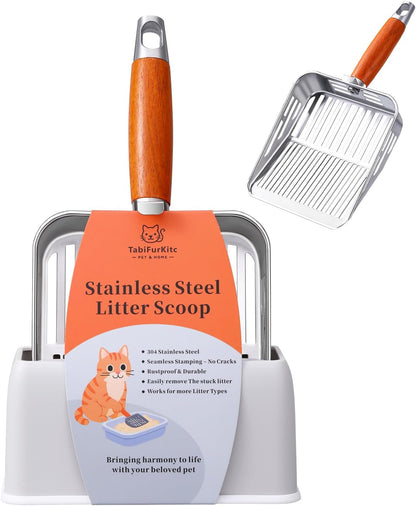 304 Stainless Steel Cat Litter Scoop with Holder Stand, One-Piece Pressed Design with No Weld Spots, Durable Anti-Break Handle, Dual Slot Sizes, Easy to Clean, Filters Small Litter Clumps