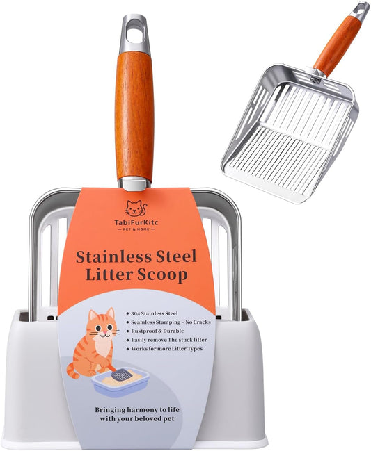 304 Stainless Steel Cat Litter Scoop with Holder Stand, One-Piece Pressed Design with No Weld Spots, Durable Anti-Break Handle, Dual Slot Sizes, Easy to Clean, Filters Small Litter Clumps