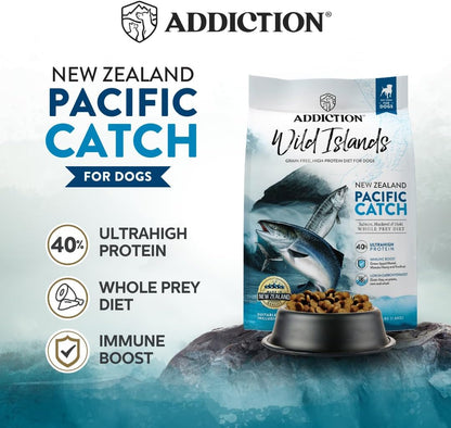 Addiction Wild Islands Pacific Catch - NZ King Salmon, Mackerel & Hoki - Whole Prey Diet with Omega-3 Rich Fish - High-Protein Grain-Free Dry Dog Food for All Life Stages - 20lbs