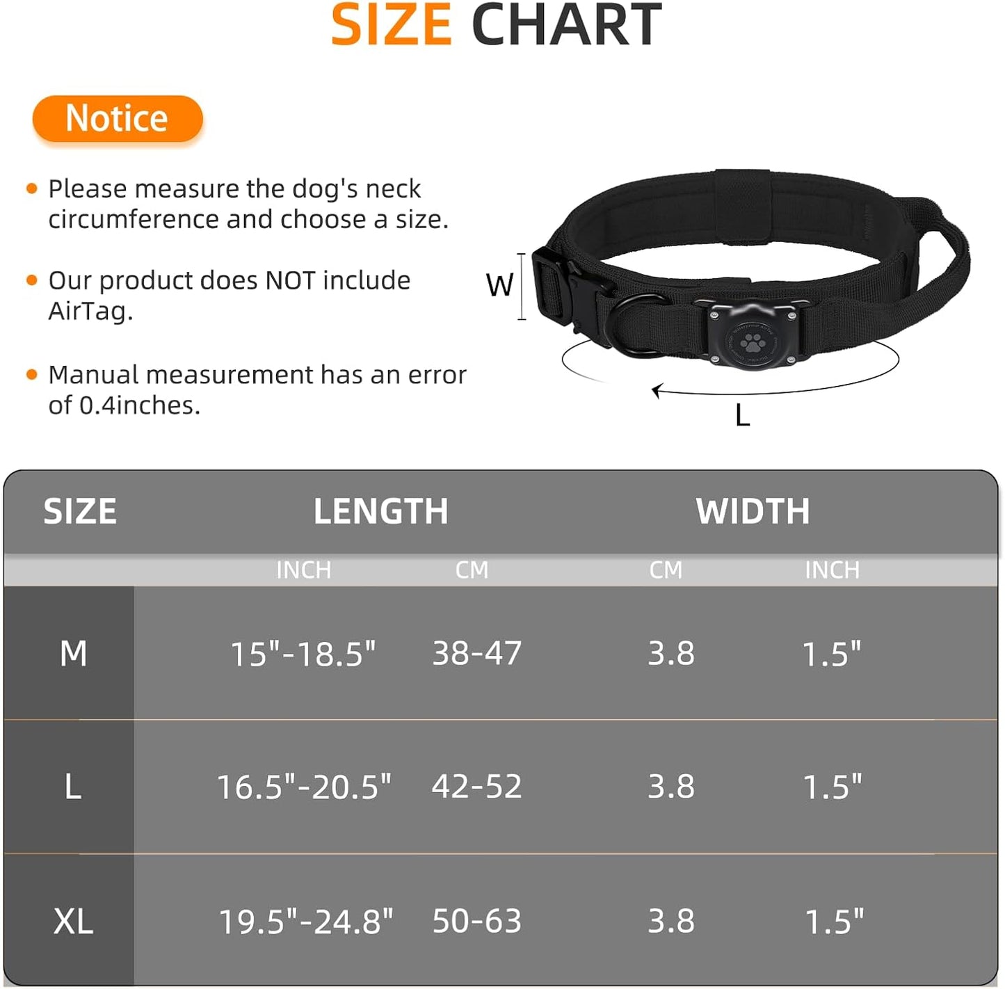 Tactical AirTag Dog Collar, 100% Waterproof Integrated Apple Air Tag Dog Collars with Hard PC AirTag Holder, Adjustable Military Collar with Handle, GPS Dog Collar for Medium Large Dogs (L, Black)