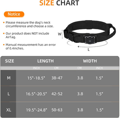 Tactical AirTag Dog Collar, 100% Waterproof Integrated Apple Air Tag Dog Collars with Hard PC AirTag Holder, Adjustable Military Collar with Handle, GPS Dog Collar for Medium Large Dogs (L, Black)