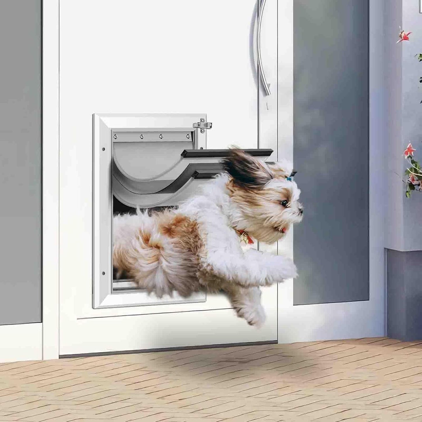 [Petoas] 3-Flaps Heavy-Duty Dog Door, Rust Proof Aluminum Alloy Frame, Extreme Weather Dog Door Can Block Wind, Snow, and Rainwater Intrusion (Silvery White, Large for Door)