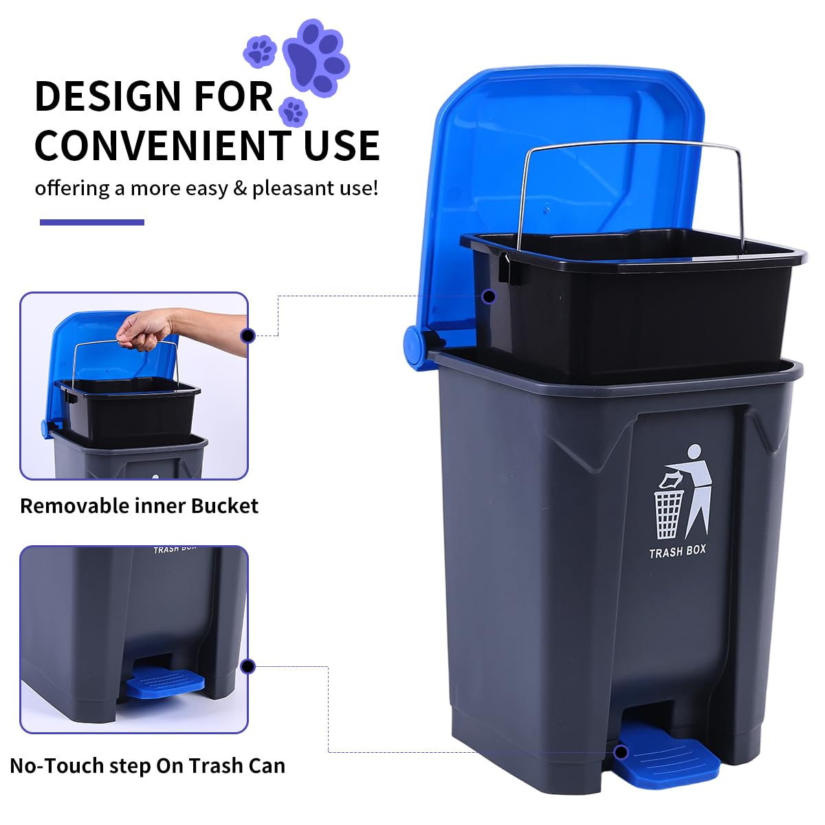 Pooper Scooper 2 Pack with 20 Litre Step Dog Poop Trash Can, 28" Long Handle Dog Poop Scoopers for Large Small Dogs Heavy Duty, Removable Inner Bucket for Outdoors, 50 Waste Bags Included (Blue)