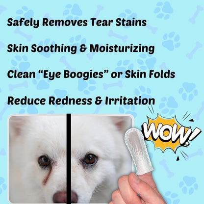 Pet Wipes - Multi-Purpose Finger Wipes to Cleanse Ears, Freshen Breath, Whiten Teeth, Soothe Skin and Tear Stain Removal. Pre-Formulated with 100% Natural, Plant-Based, Safe, & Beneficial Ingredients.