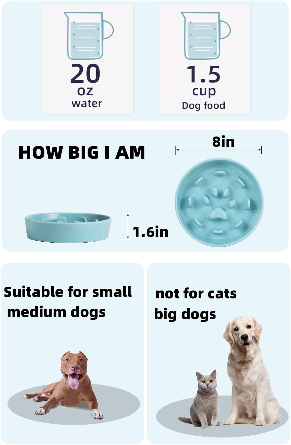 HAOTOP Ceramic Fun Slow Feeder Bowl, Porcelain Slow Eater Bowl for Medium Sized Dogs (Turquoise)