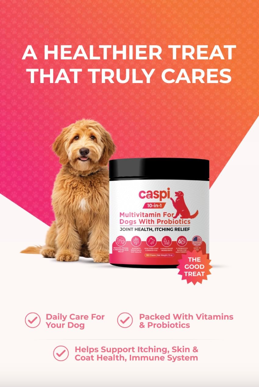Caspi 10-in-1 Dog Multivitamin with Probiotics – Joint Health, Itching & Skin Relief, Omega-3 Salmon Oil, Glucosamine, Vitamins & Minerals – Daily Chew Supplement for Dogs – 160 Soft Chews