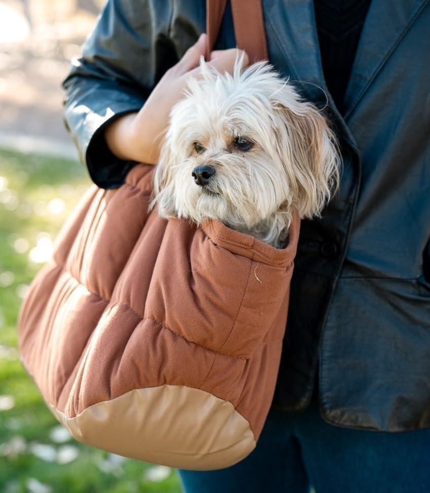 NoblePup Cozy Plush Dog Purse Carrier for Small Dogs - Dog Carrier Purse with Secure Harness Clip, Dog Tote Bag for Small Dogs and Puppies - Brown 2.0