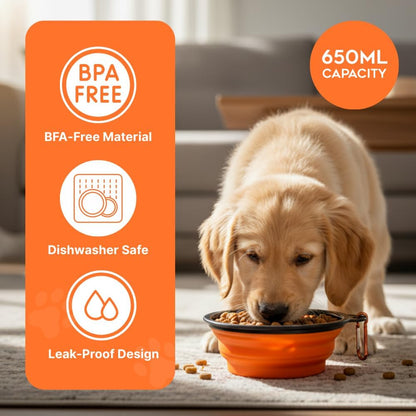 Collapsible Cat Bowl, Maze Design Pet Puzzle Feeder, 650ml Dog Slow Feeding Bowls, Dog Slow Feeding Bowl with Carabiner Portable BPA-Free Silicone Pet Bowls for Hiking, Travel, Camping - Color Orange