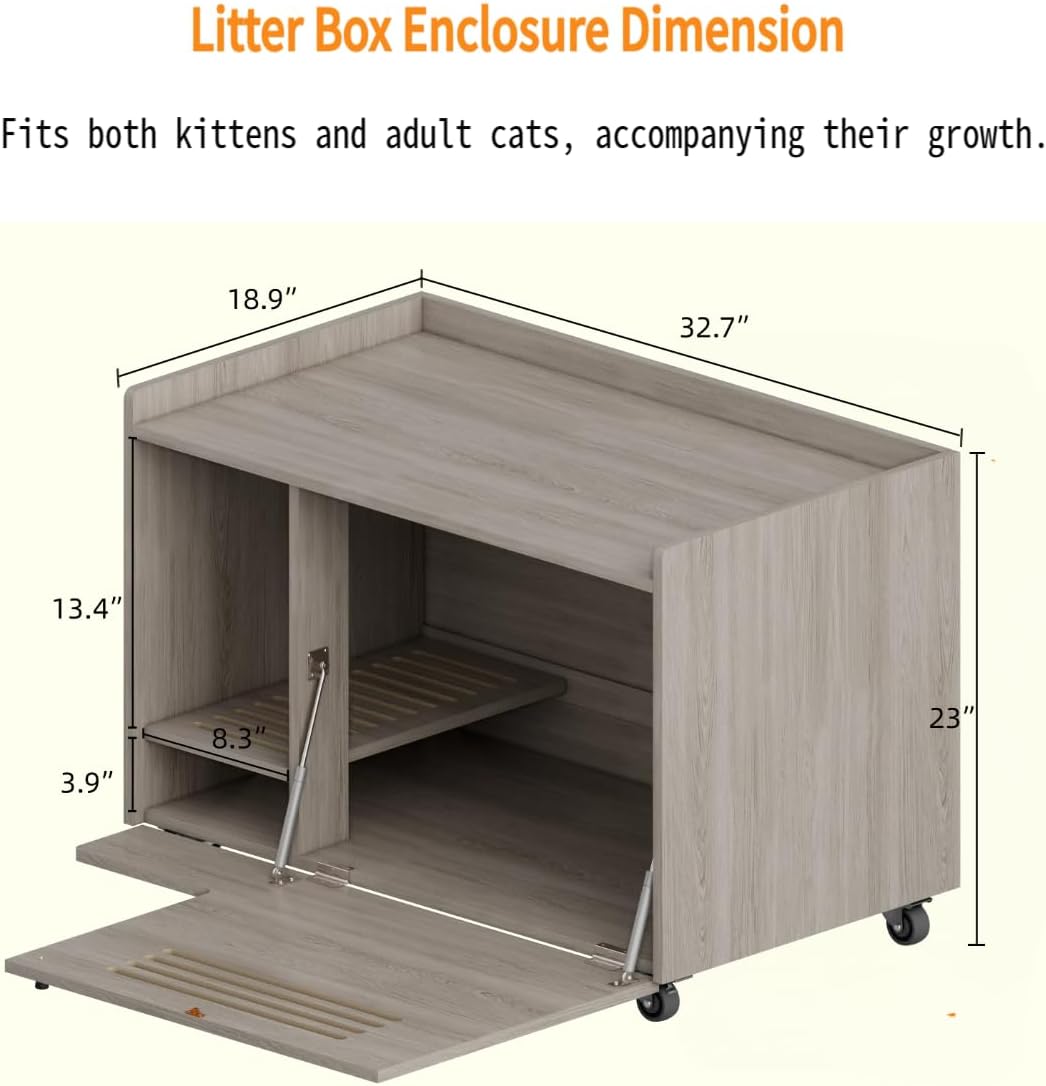 Gray Cat Litter Box Enclosure Furniture - Hidden Litter Box Cabinet with Wheels & Storage,Modern Wooden Pet House Side Table with Ventilation Grille for Living Room Bedroom,Grey