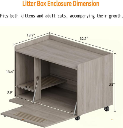 Gray Cat Litter Box Enclosure Furniture - Hidden Litter Box Cabinet with Wheels & Storage,Modern Wooden Pet House Side Table with Ventilation Grille for Living Room Bedroom,Grey
