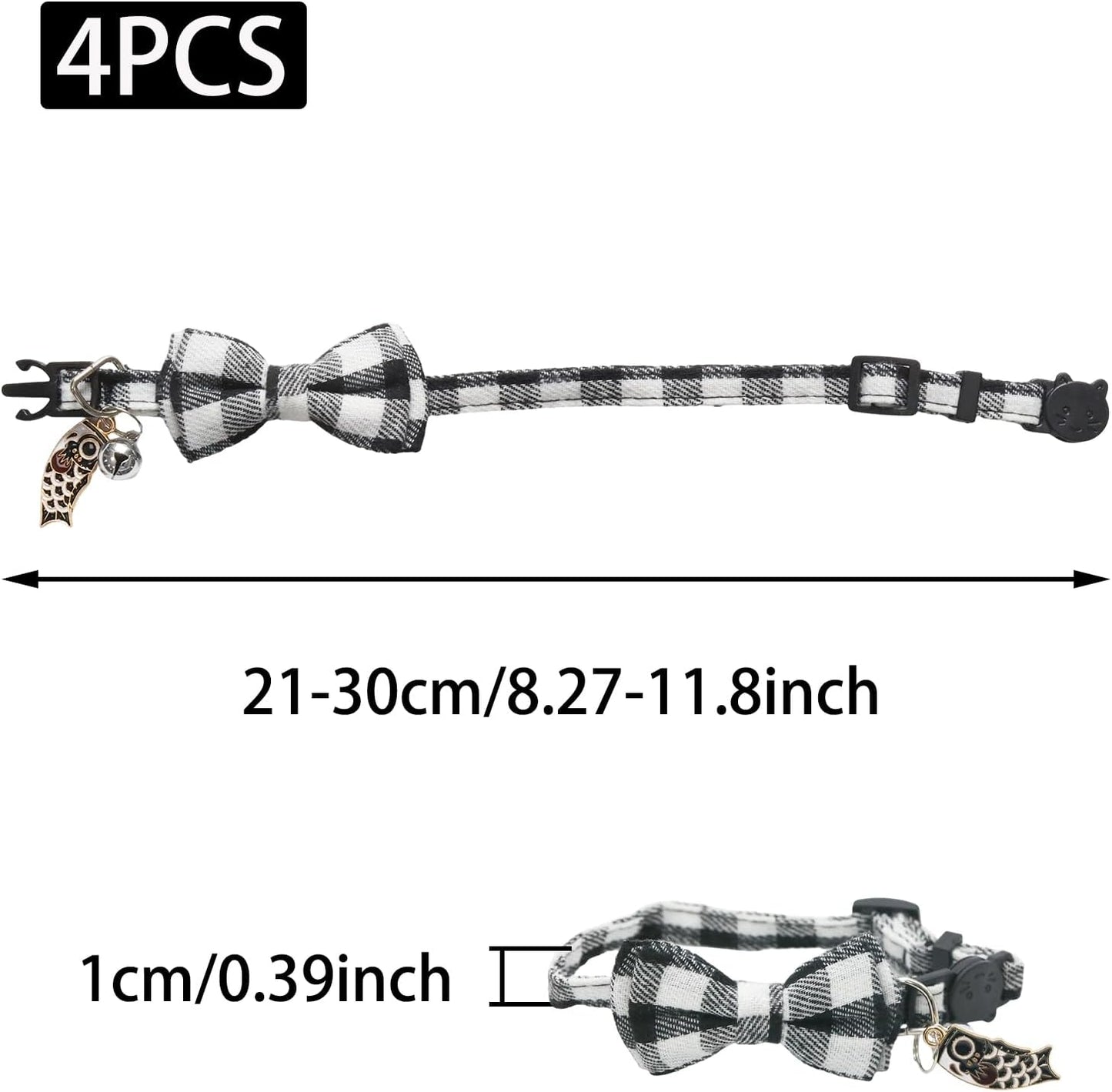 4 Pcs Bow Tie Cat Collar, Breakaway Kitten Collar Quick Release Cat Collars with Bell and Small Fish Pendant, Adjustable Plaid Kitten Collar for Cats/Pet Cats Kittens