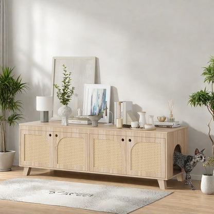 FONTOI Rattan Cat Litter Box Enclosure with Decorated Doors, Wooden Pet Washroom with Two Entrances, Double Hidden Litter House with Non-Slip Feet, Enclosure Furniture Cabinet for Two Cats