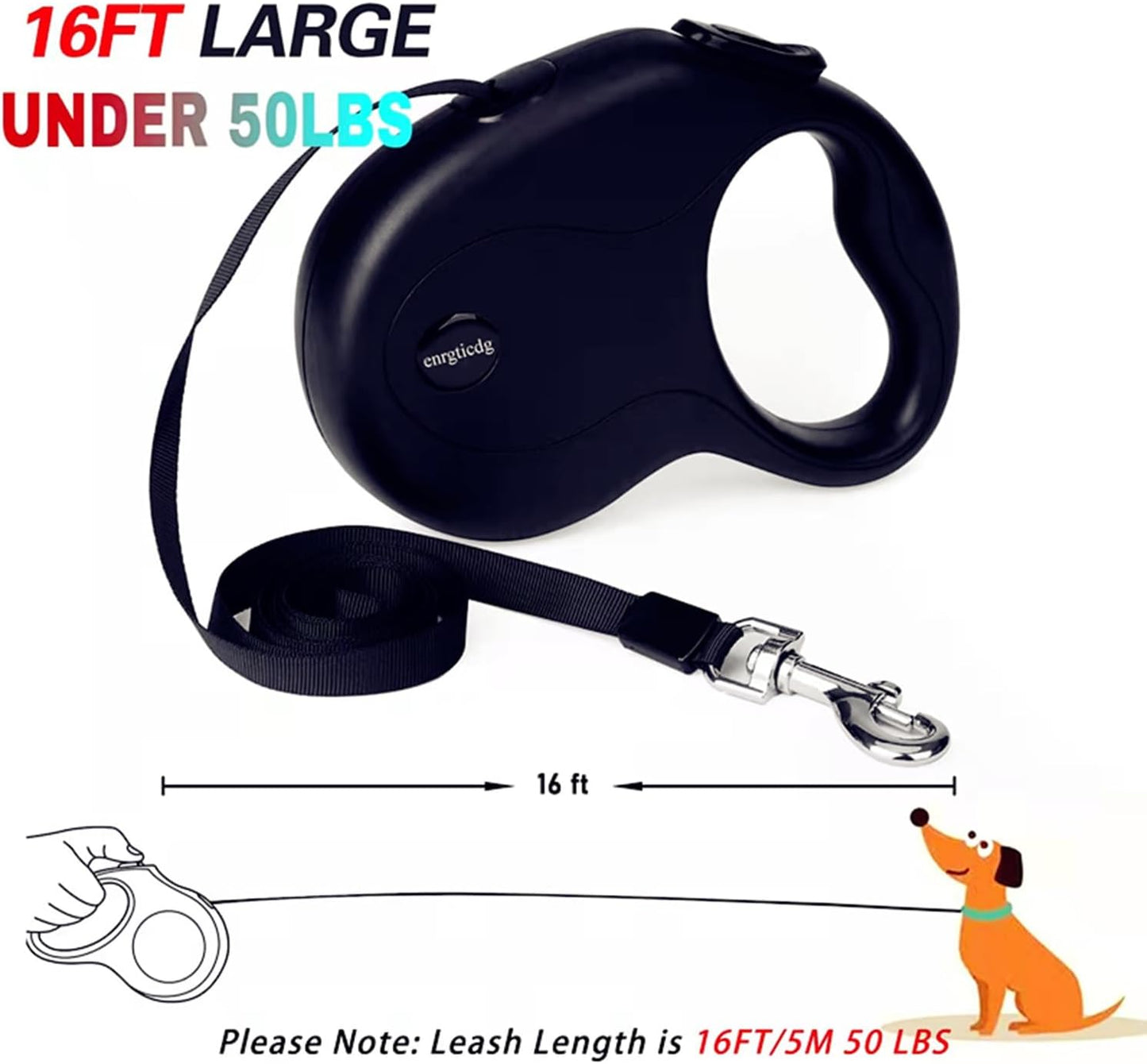 16Ft Retractable Dog Leash,Light Weight Leash for Small to Medium Dogs/Cats Up to 50lbs,Stainless Steel Spring Strong Nylon Tape, Tangle Free, One-Handed Brake.(Black)