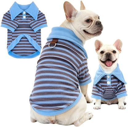 Fleece Dog Sweatshirt with Leash Ring Lightweight Stretchy Dogs Polo Shirt Striped Sleeves Pet Clothes Soft Dog Sweaters for Small Medium Dogs（Blue,Large）