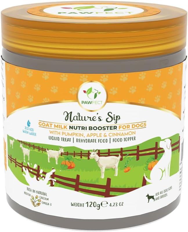 Pawfect Nature's Sip Goat Milk Powder with Pumpkin, Apple, Cinnamon & Pumpkin Seeds| Easily Digestible| Pre & Probiotics| Healthy Topper| Hydration Support| 24 Scoops| (120g/4.23oz)
