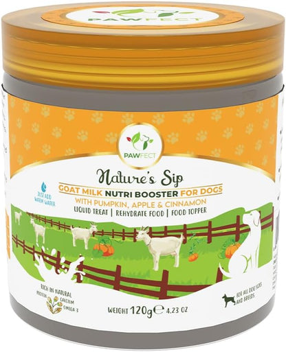 Pawfect Nature's Sip Goat Milk Powder with Pumpkin, Apple, Cinnamon & Pumpkin Seeds| Easily Digestible| Pre & Probiotics| Healthy Topper| Hydration Support| 24 Scoops| (120g/4.23oz)